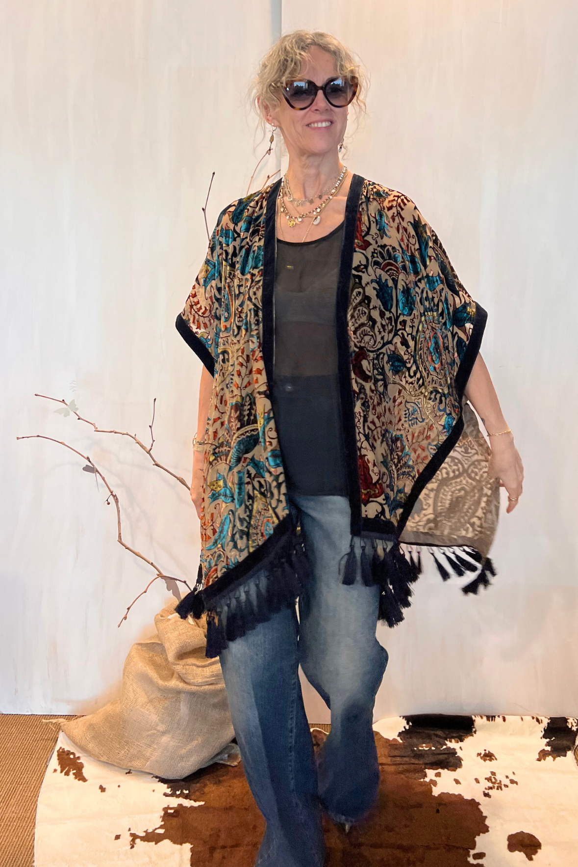 Kimono in viscosa devoré frange