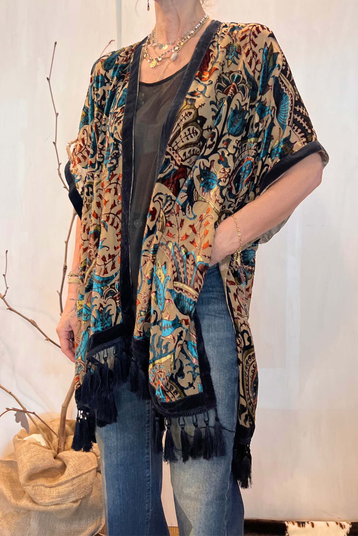 Kimono in viscosa devoré frange