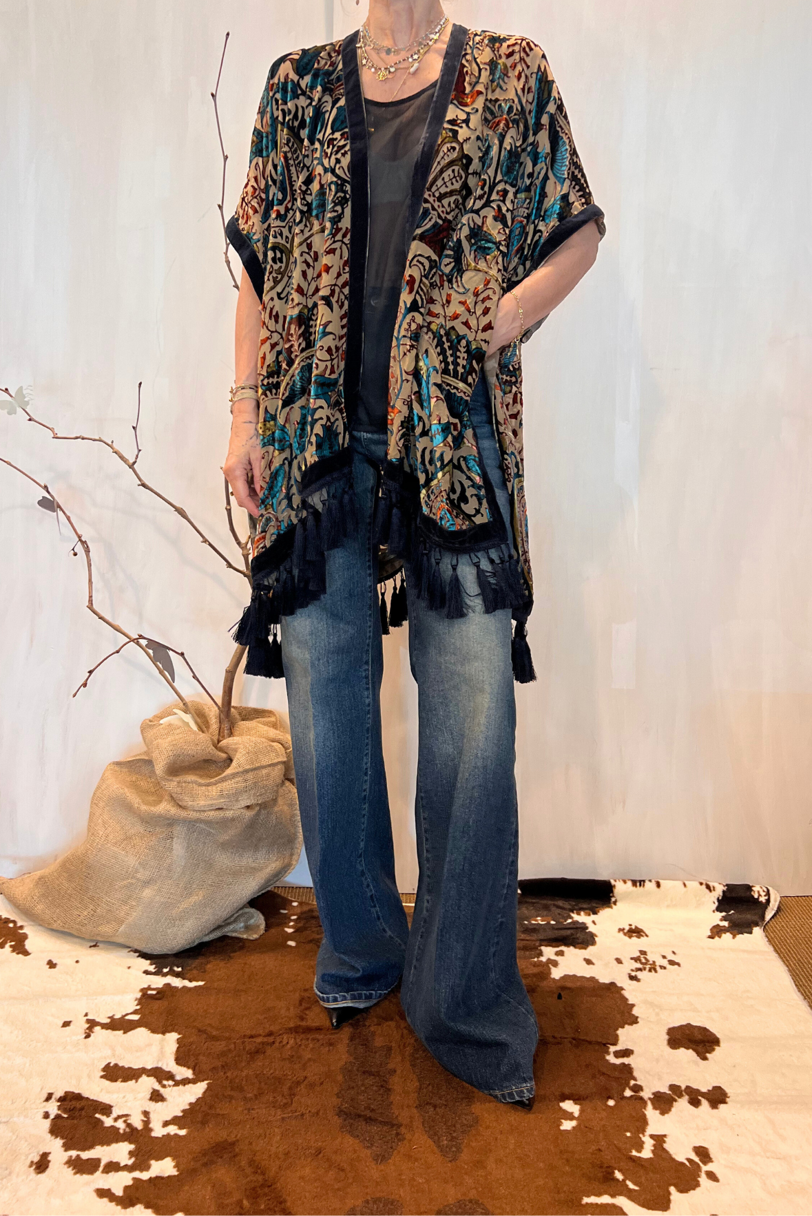 Kimono in viscosa devoré frange