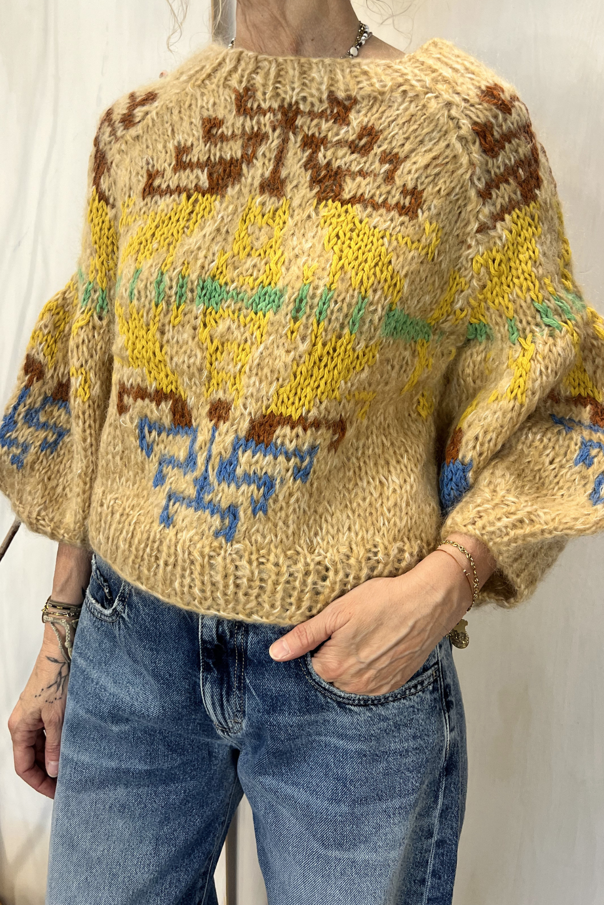 Maglia jacquard maniche a sbuffo
