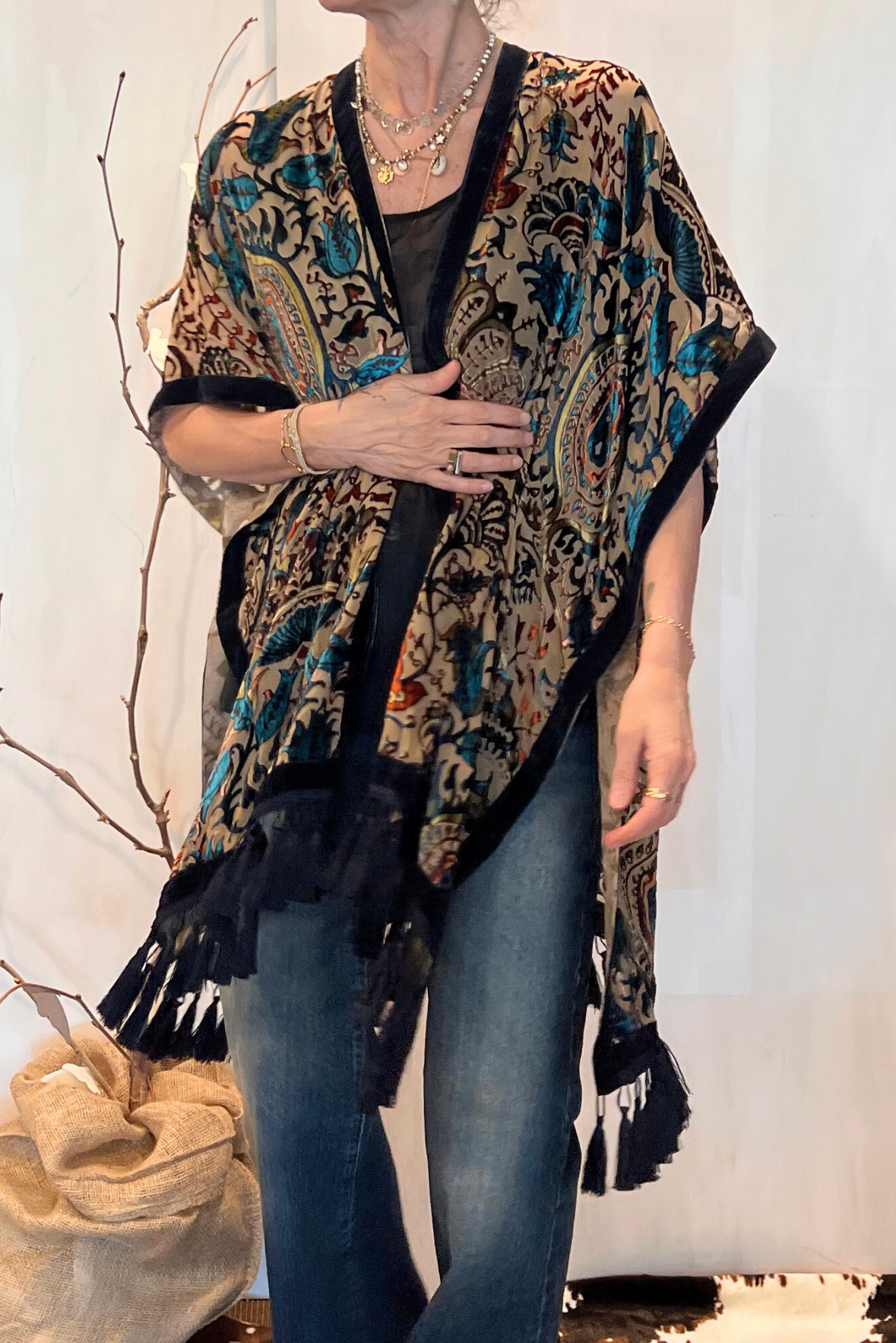 Kimono in viscosa devoré frange