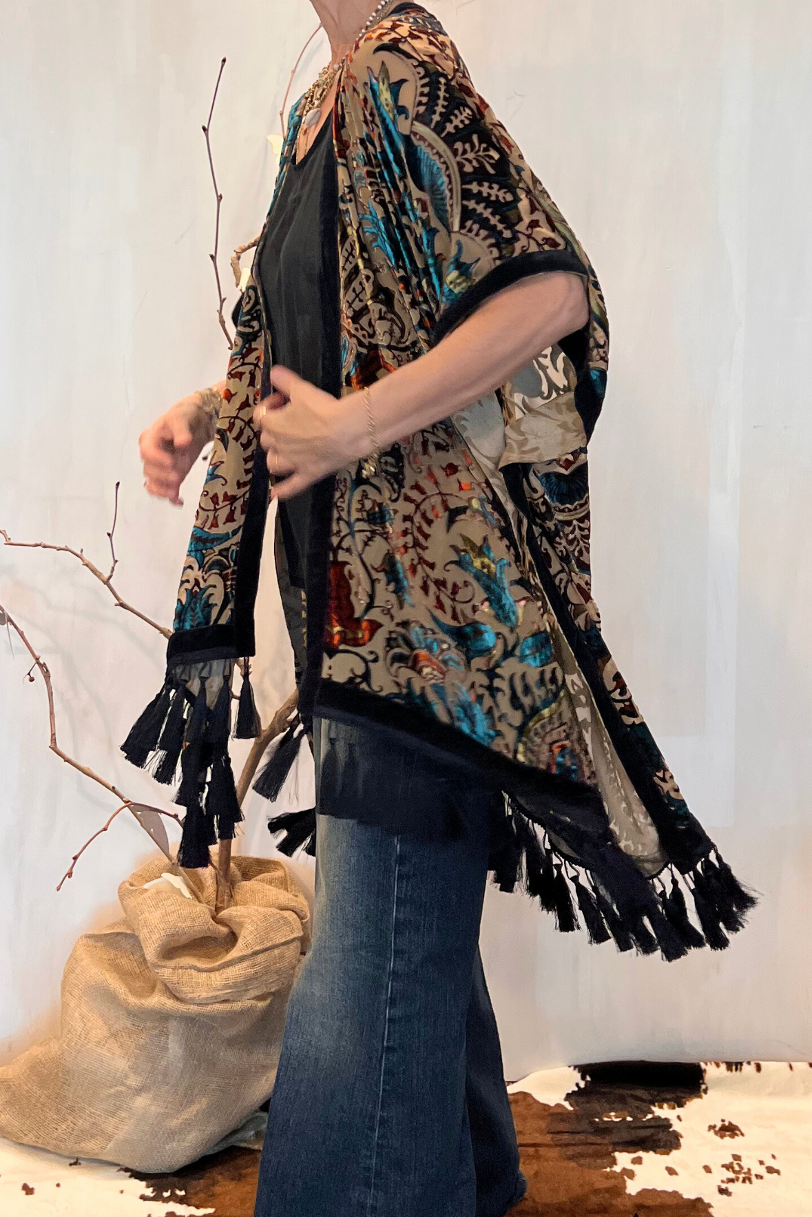 Kimono in viscosa devoré frange