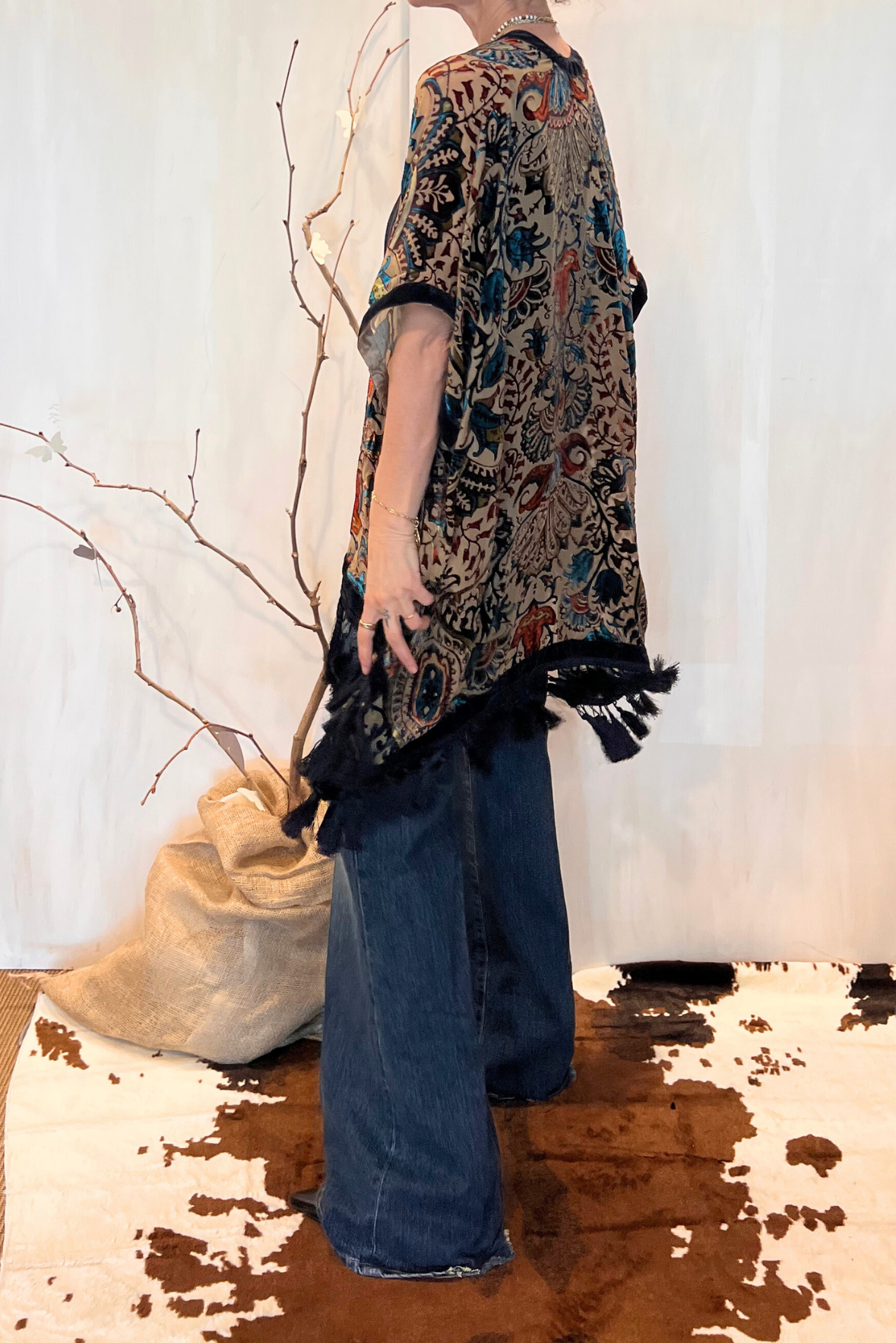 Kimono in viscosa devoré frange