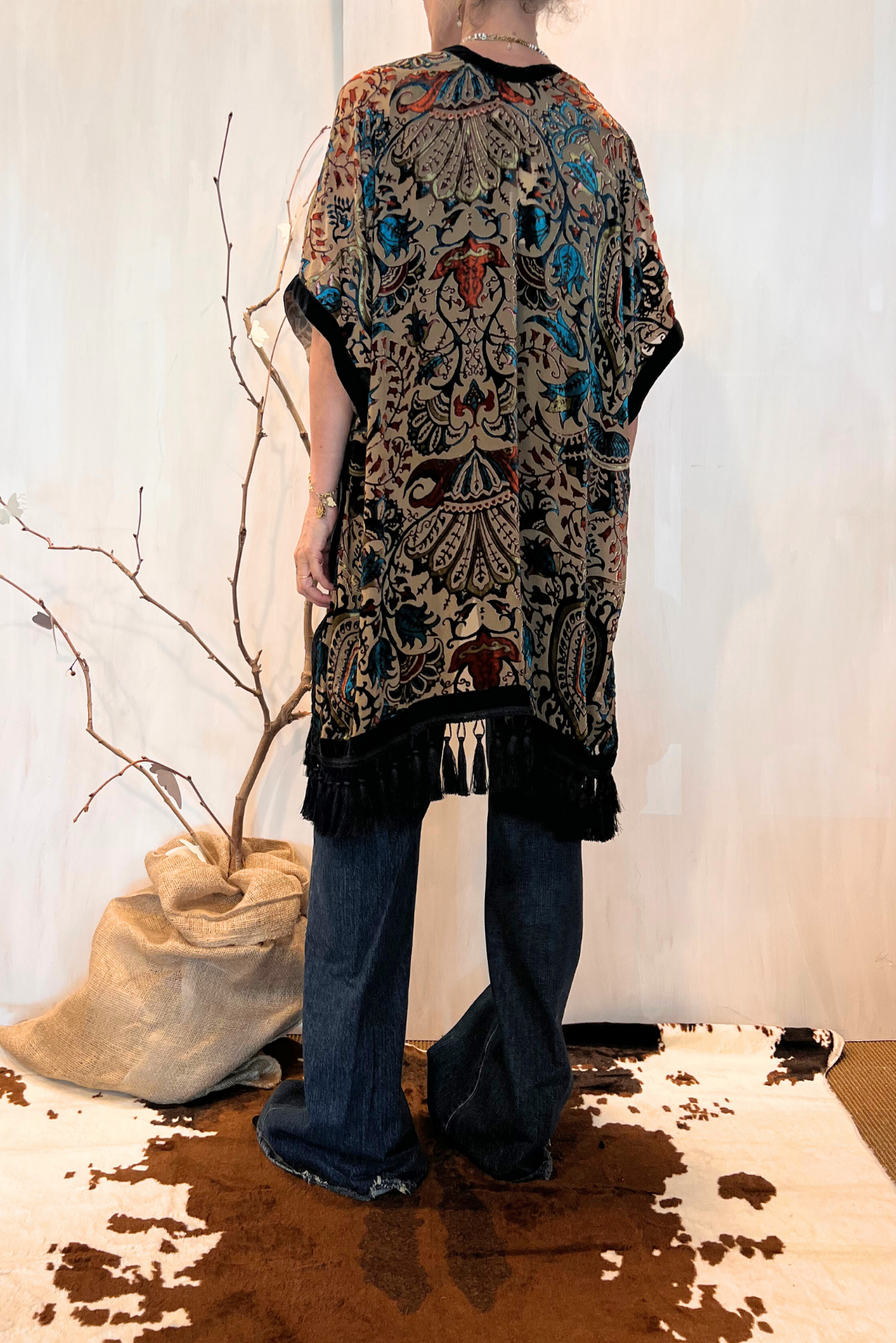 Kimono in viscosa devoré frange