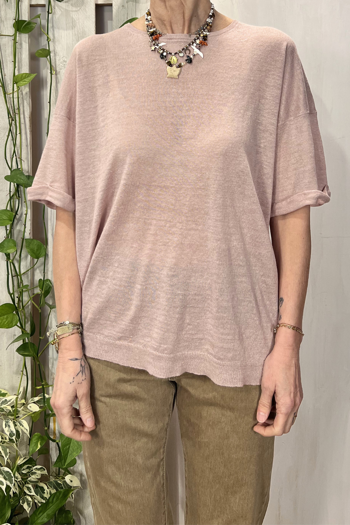 T-shirt in maglia lino e seta