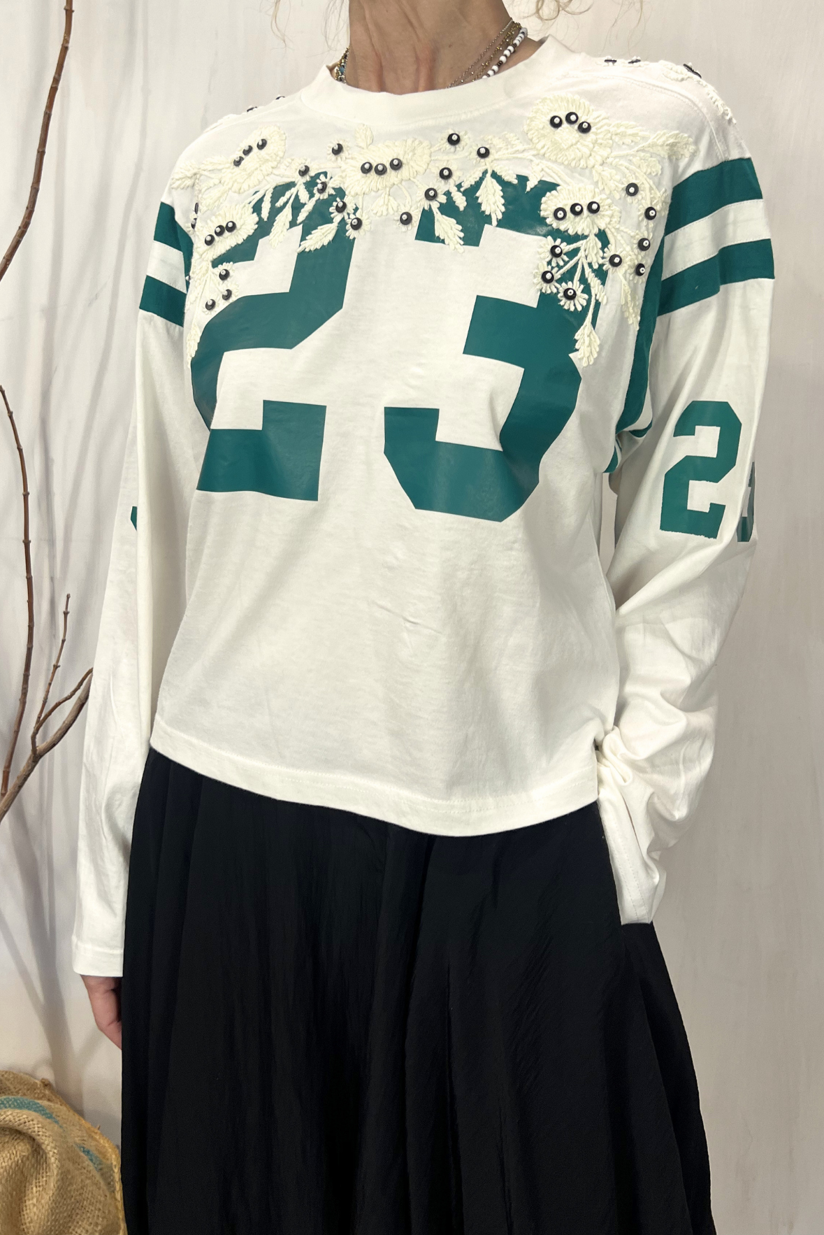 T-shirt maxi manica con stampa e ricami