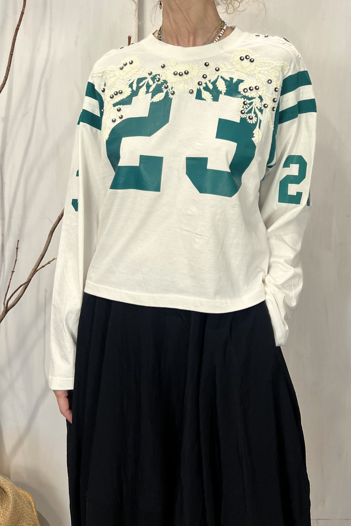 T-shirt maxi manica con stampa e ricami