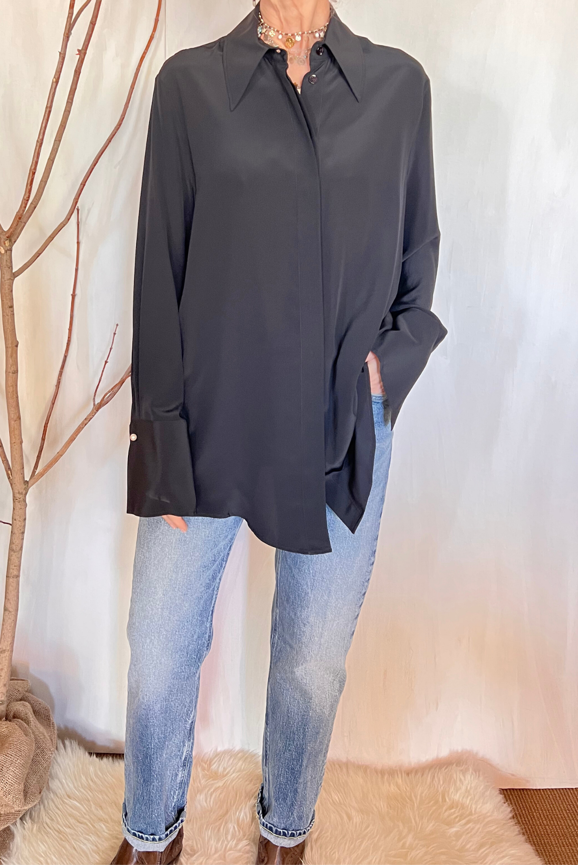 Camicia in seta con gemelli perle
